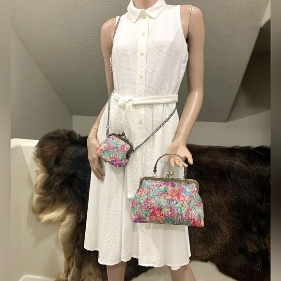 Handmade Genuine Leather Floral Print Kisslock Top Handle bag & Small Purse Set - Picture 5 of 16